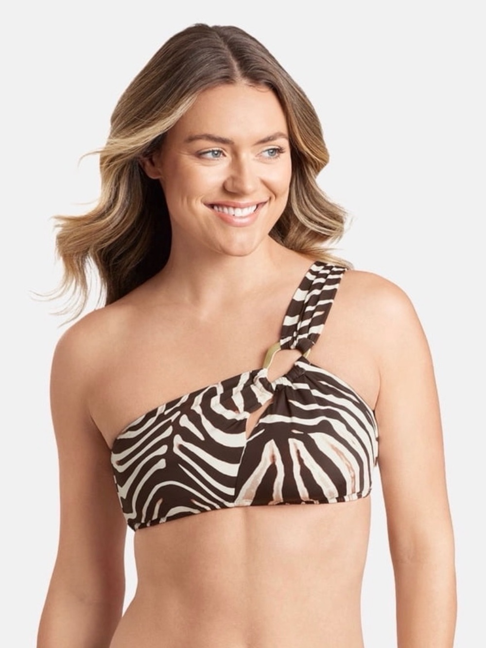 sofia by sofia vergara Brown and White One-Shoulder Zebra-Print Bikini Top